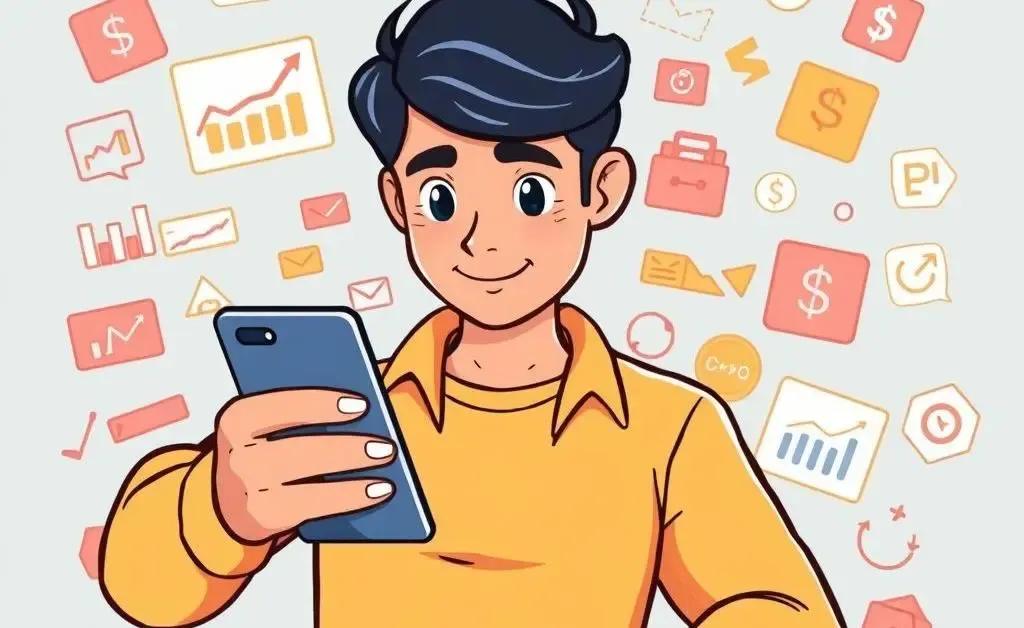 Person using an investment app with financial icons around them