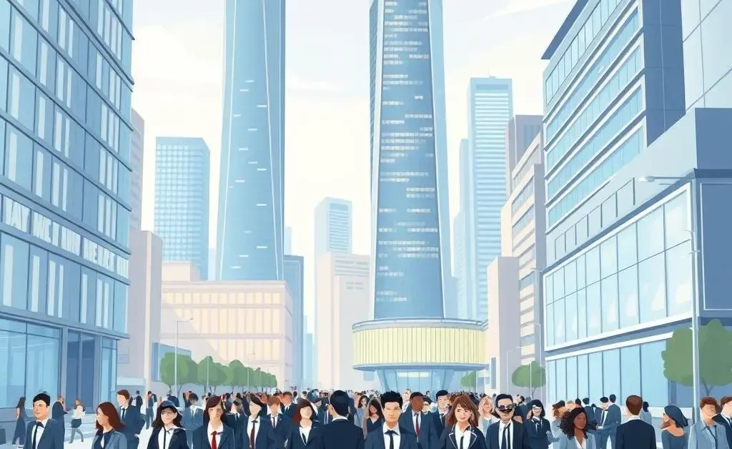 Cartoon illustration of a financial district bustling with activity