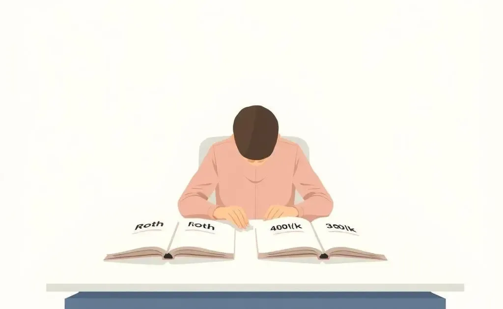 Illustration of a person comparing Roth IRA and 401(k) investment options at a desk.