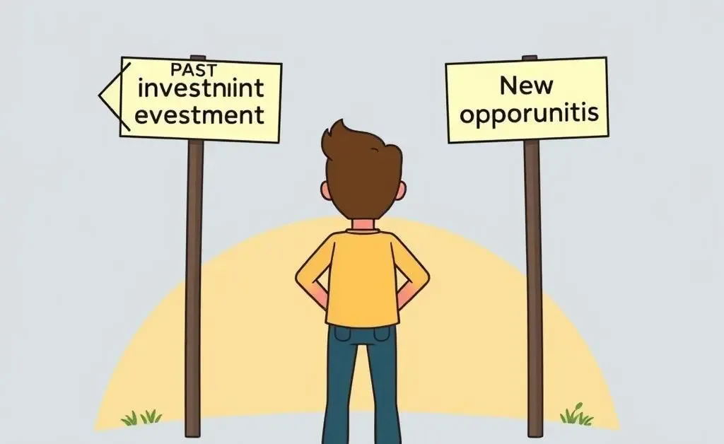 A cartoon of a person at a crossroads, deciding between past and new investment opportunities.
