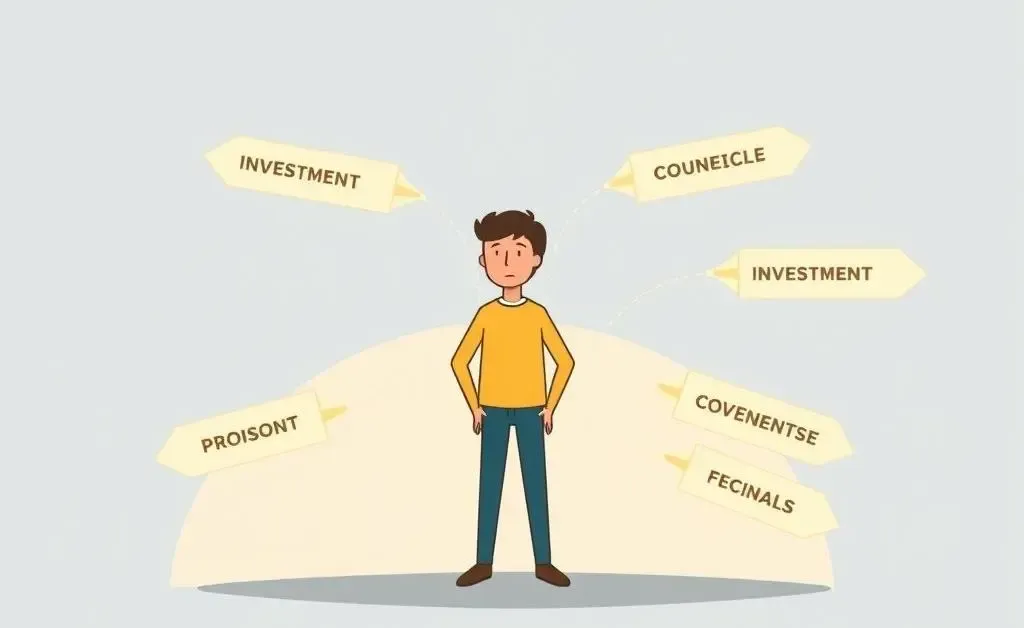 A person at a crossroads with various investment paths ahead.