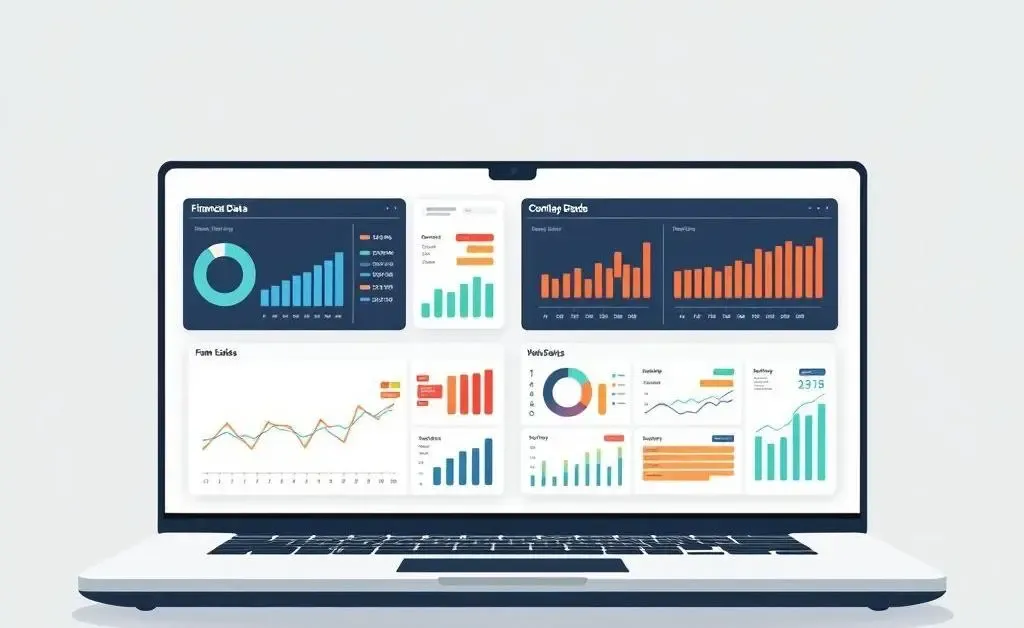 A laptop displaying multiple financial data dashboards