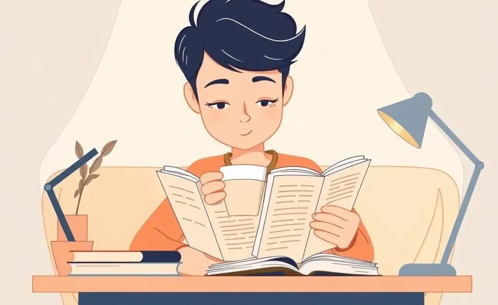 A cartoon image of a person reading investment books with a cup of tea.