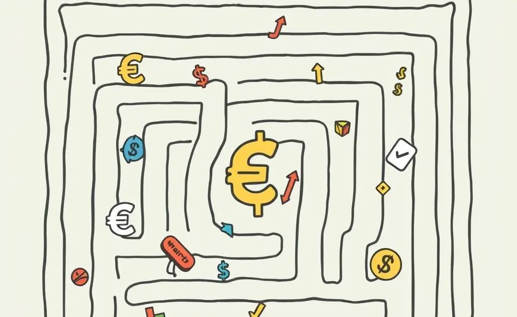 A maze with financial symbols representing investment options in the EU