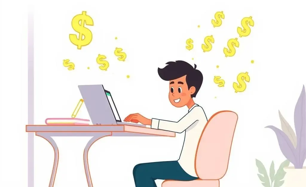 Cartoon-style illustration of person planning investments at a desk