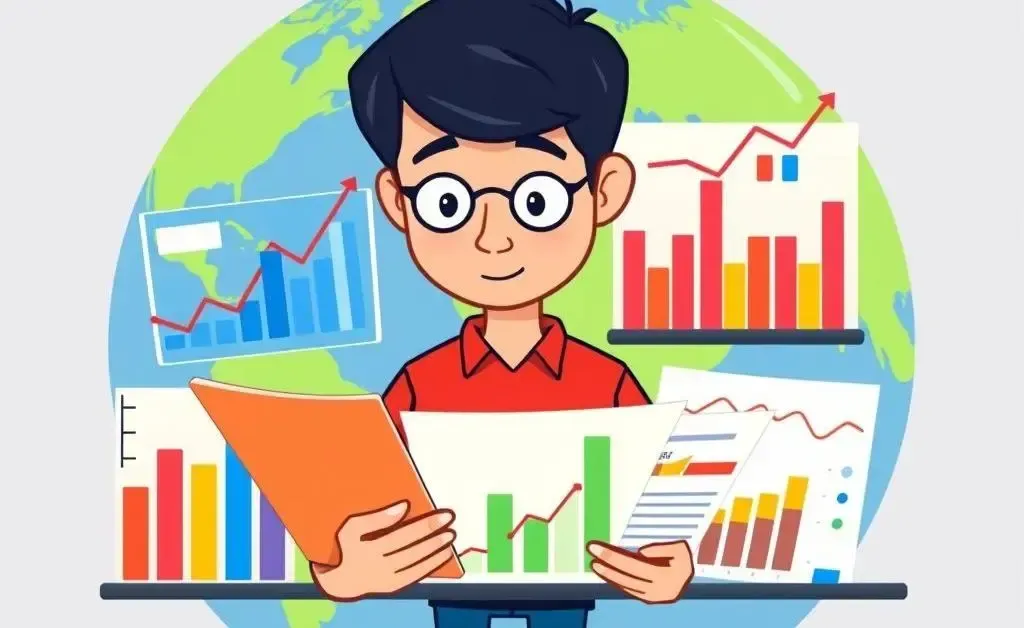 Illustration of a person analyzing an investment portfolio with a globe theme.