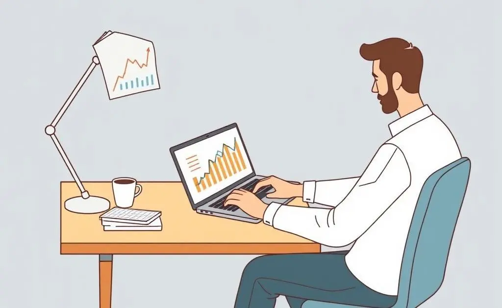 Person reviewing investment charts at a desk with a laptop and coffee