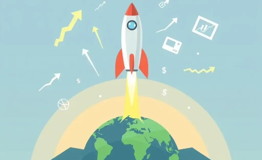 A cartoon rocket symbolizing investment launch in a modern stock market setting