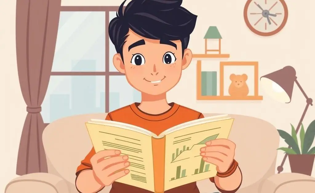 Young person reading a book on investments