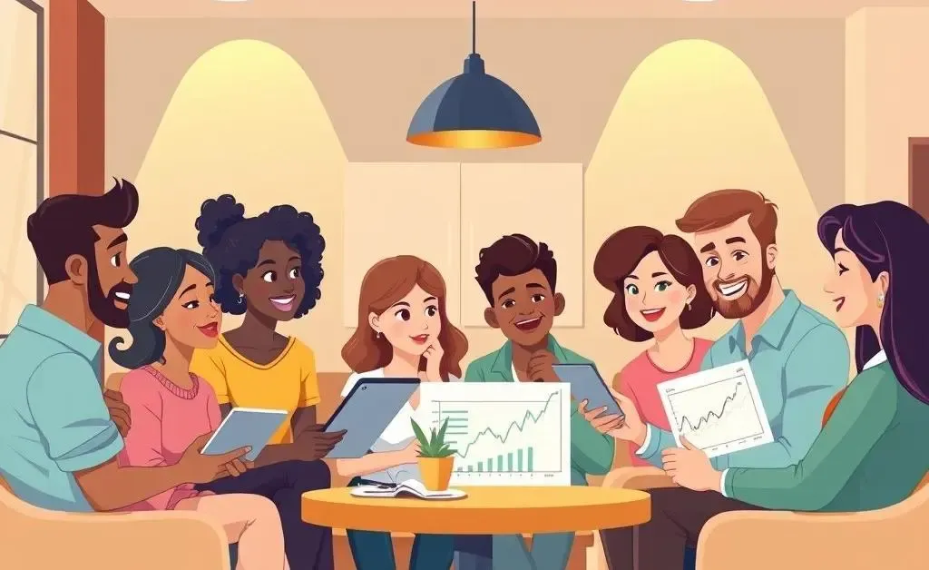 A cartoon-style illustration of people discussing investment charts at a coffee shop