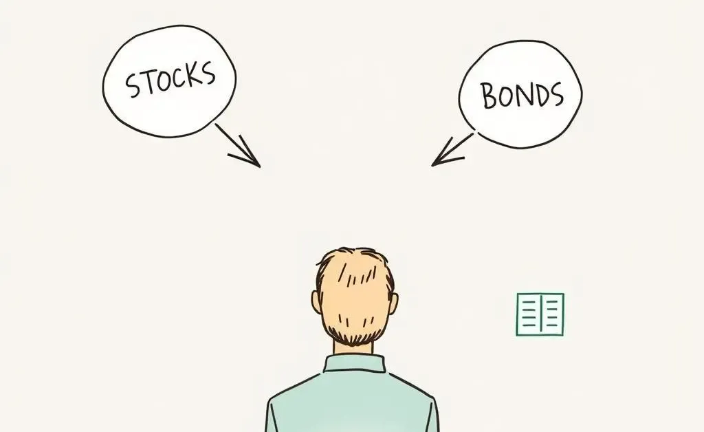 Illustration of person contemplating investment strategies with stock and bond options