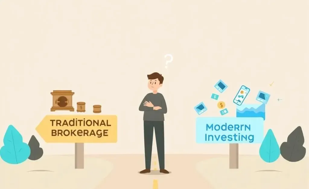 Person at crossroads choosing between traditional brokerage and modern investing