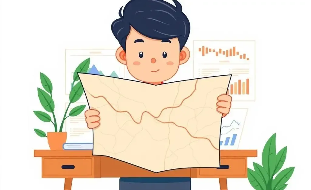 A person holding a roadmap with financial charts.