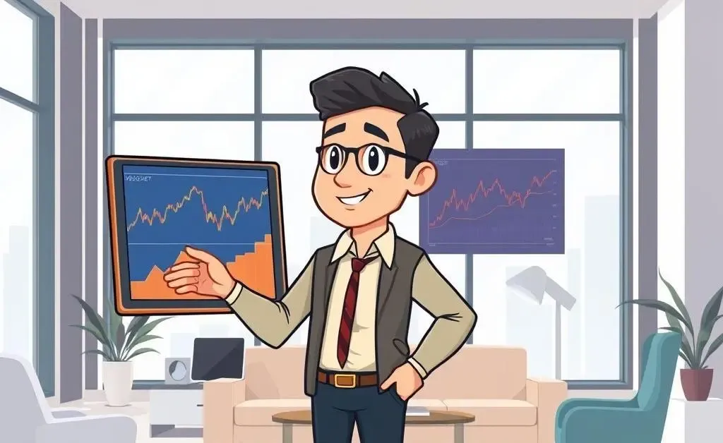 A confident investor analyzing stock charts in a modern office setting.