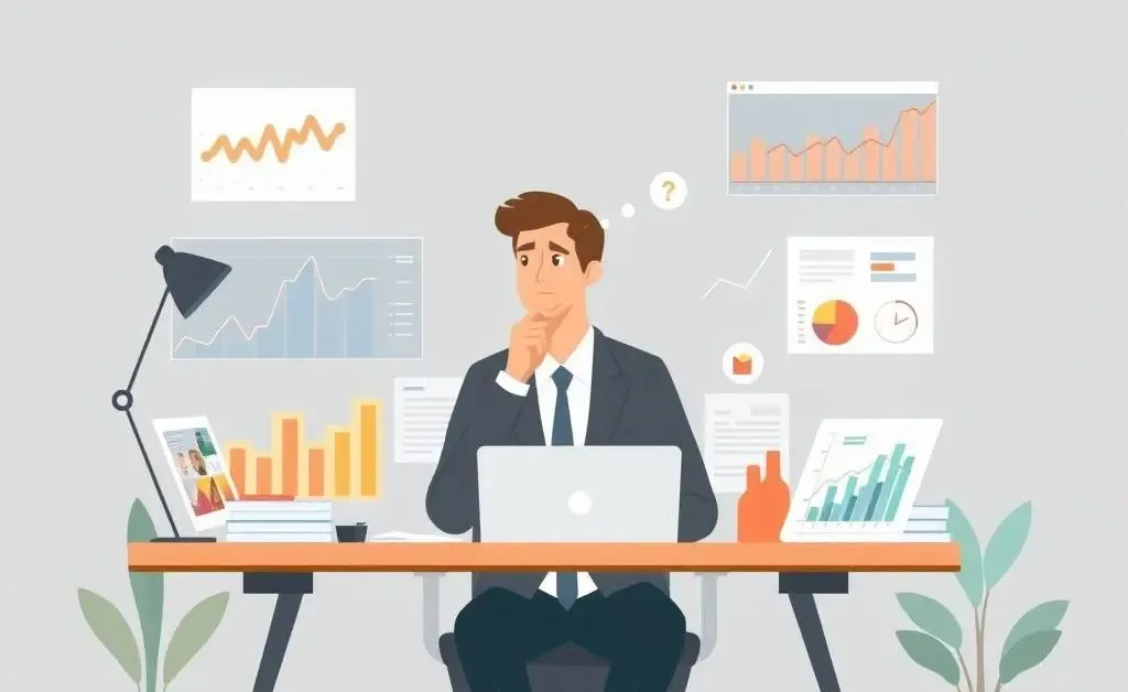 Investor pondering market trends at a desk with financial charts and graphs
