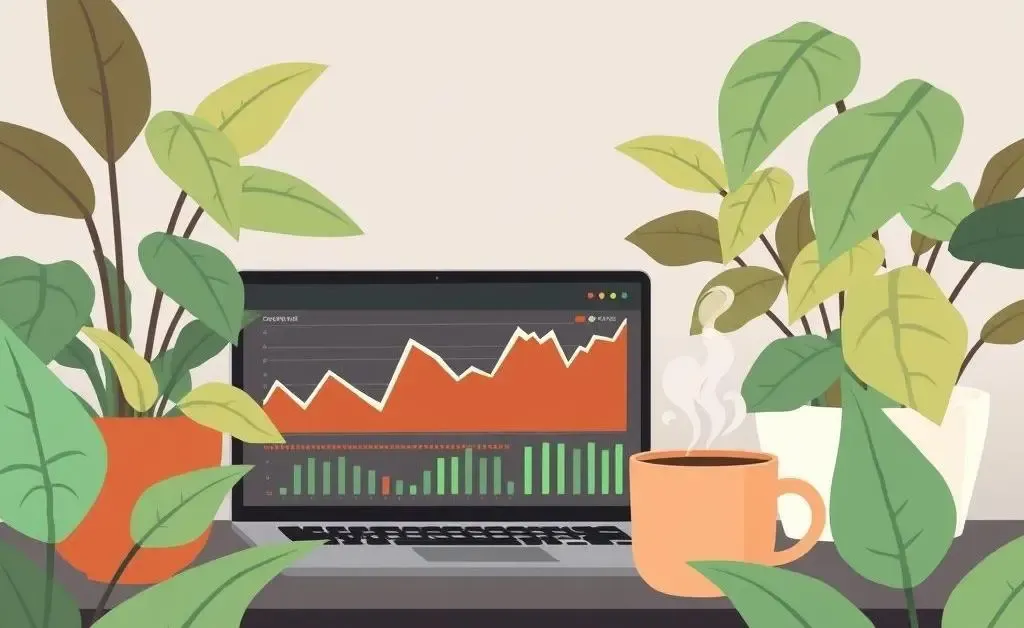 A cozy home office with stock charts on a laptop screen