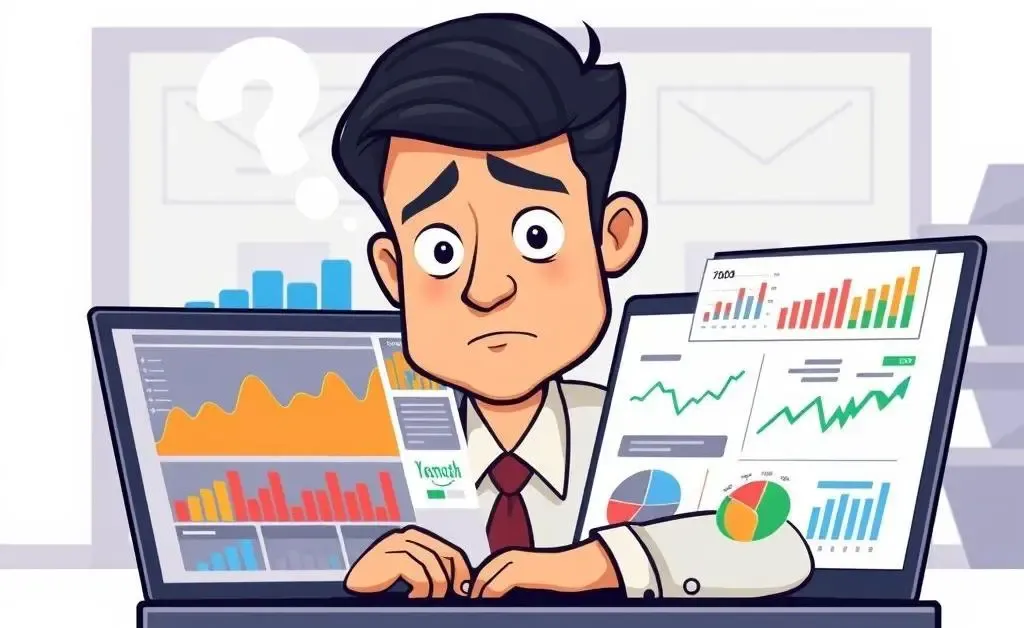 An animated image of an investor examining complex charts and data on a laptop