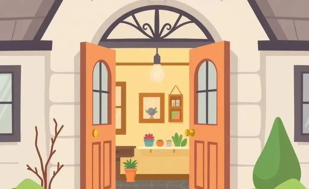 Open door of a charming home in cartoon style