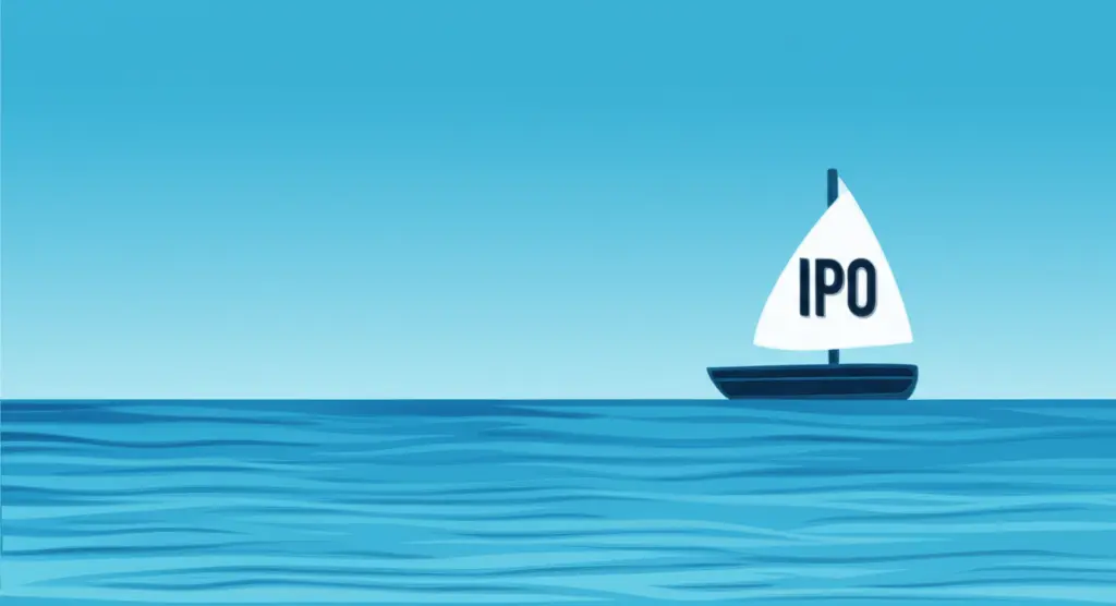 A small boat symbolizing an IPO on a vast ocean representing the stock market.