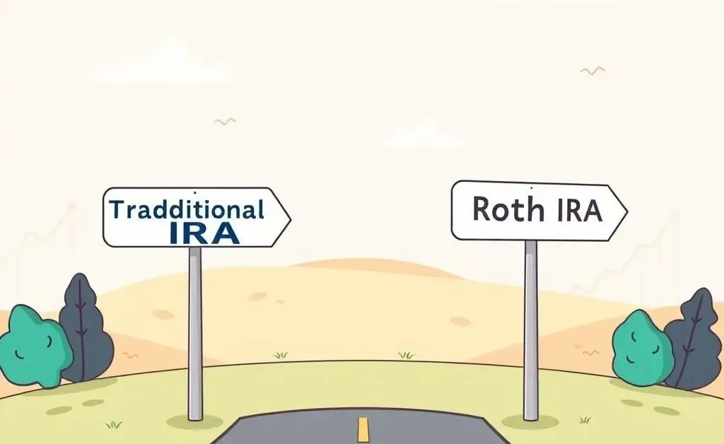 Illustration of a crossroads with signs for Traditional and Roth IRA