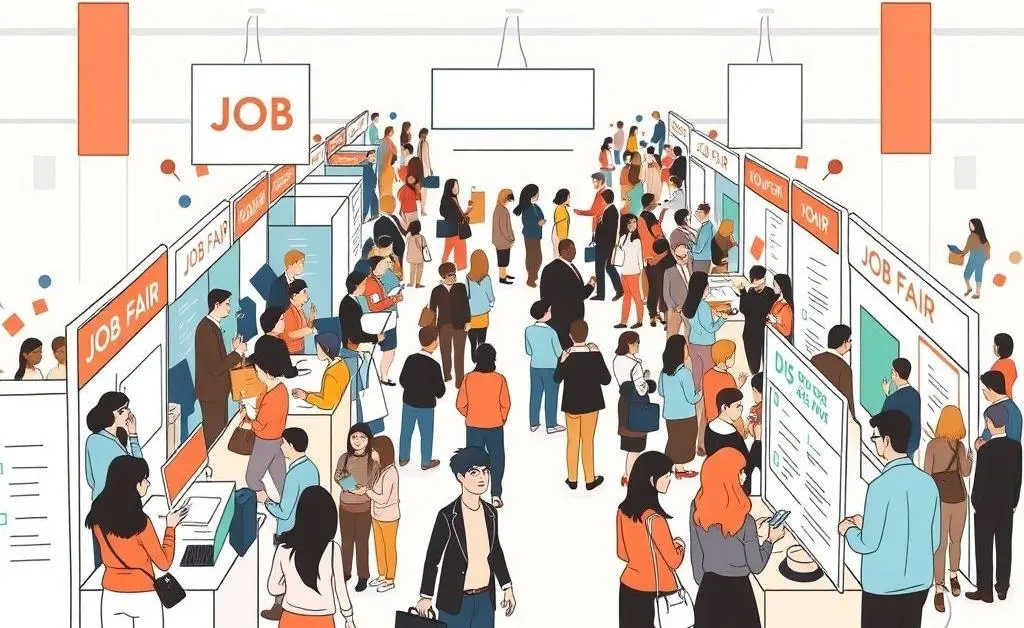 Illustration of a lively job fair representing diverse employment opportunities