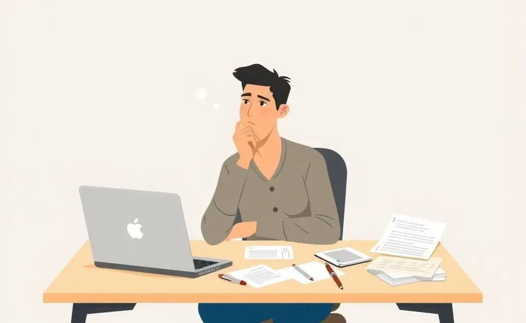 A thoughtful individual pondering over career opportunities at a desk with a laptop and papers