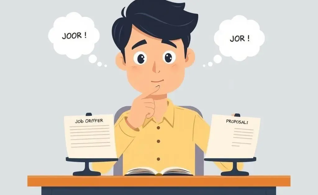 Person weighing job offer proposals at a desk