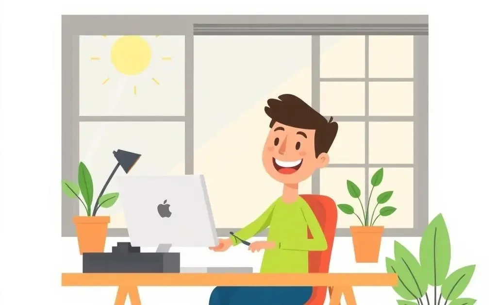 Person happily working at a desk under sunlight