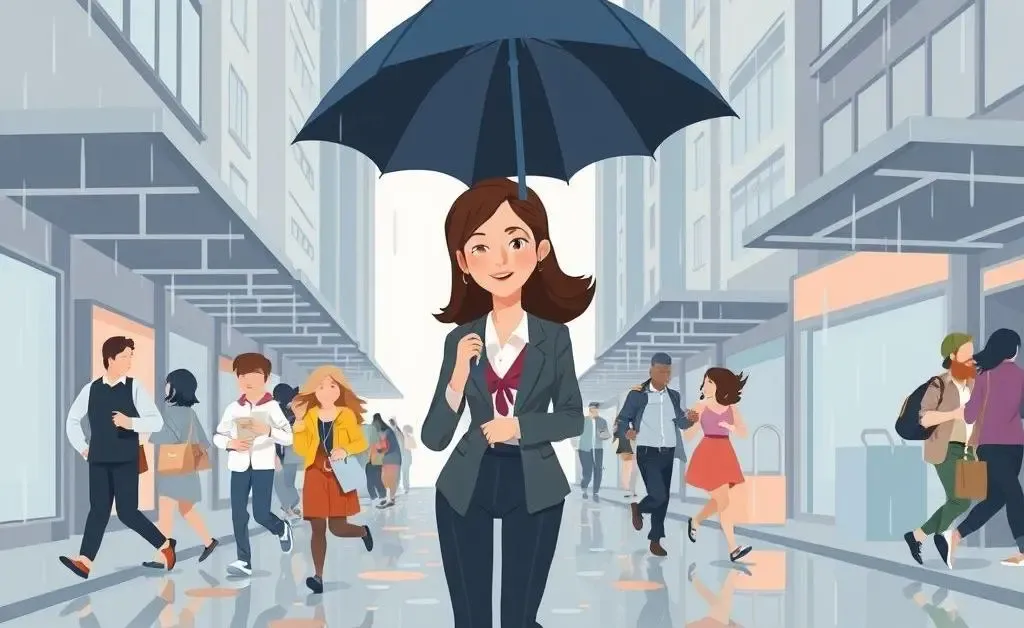 Businesswoman standing confidently in the rain, holding an umbrella, depicting job security.