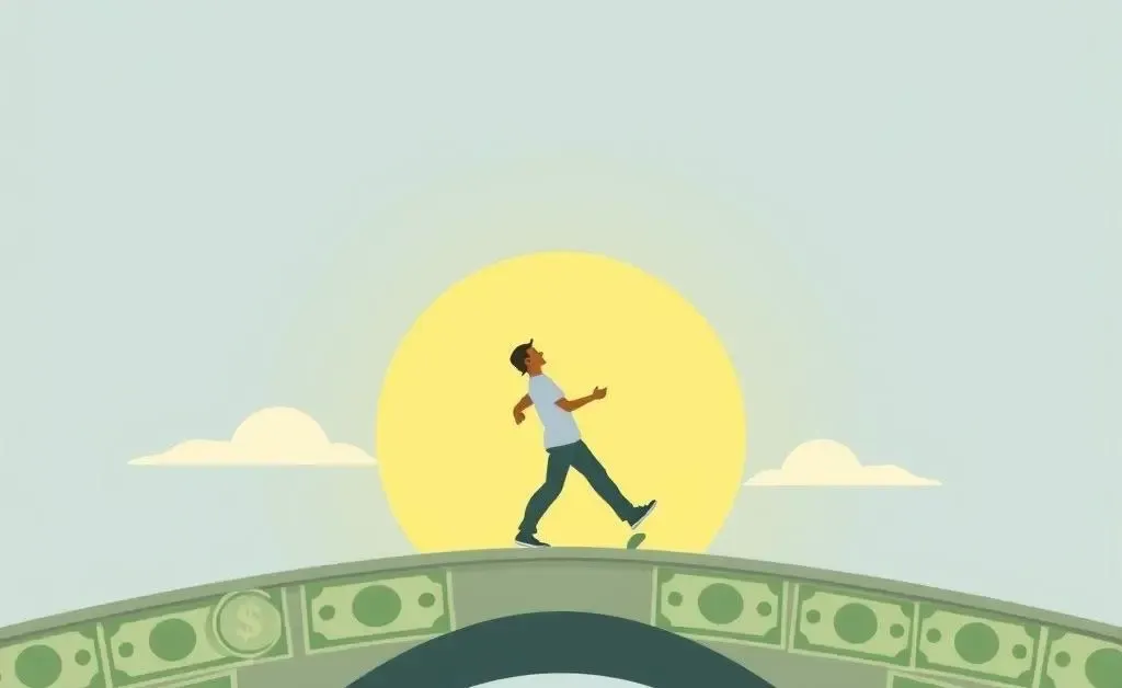 A person walking over a bridge made of dollar bills towards the sun