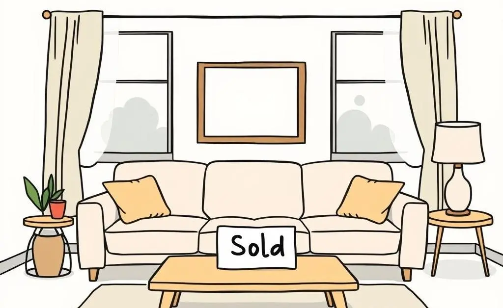 Cozy living room with a Sold sign
