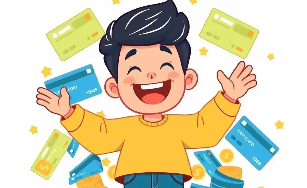 Person surrounded by credit cards and rewards in a joyful manner