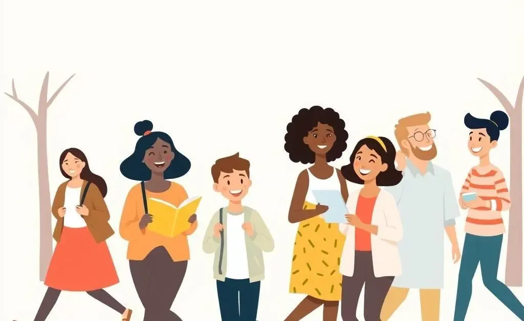 A diverse group of people enjoying daily routines like walking and reading