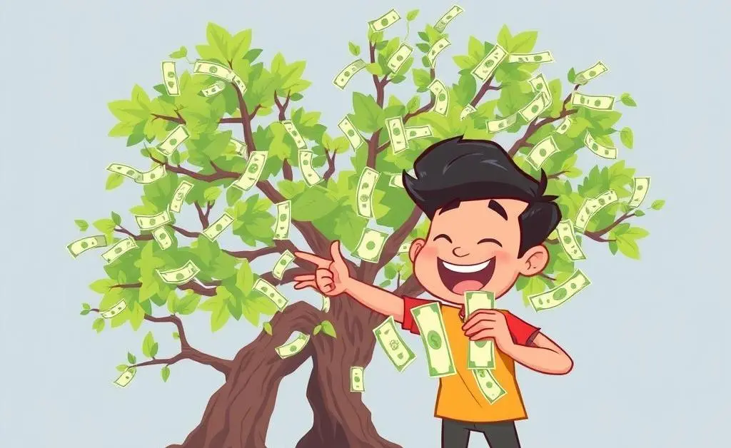 A cartoon of a person shredding bills with a money tree behind them
