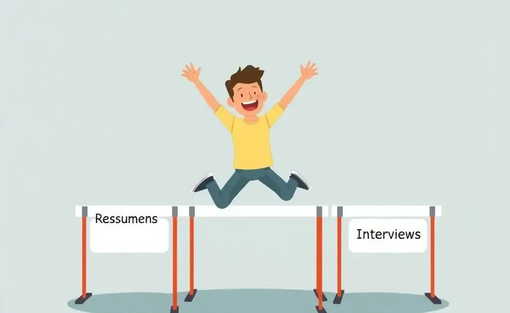 A cartoon person jumping over hurdles labeled with job-related tasks