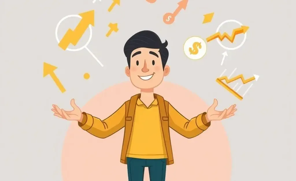 A cartoon person juggling stock market symbols, symbolizing the balance in dividend investing.