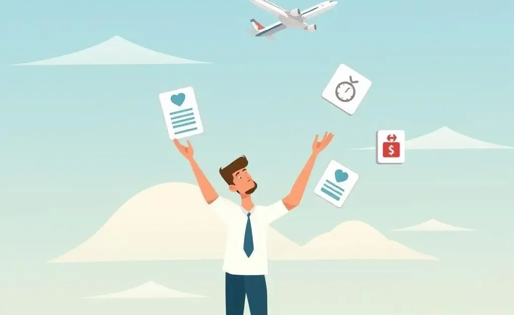 Cartoon of a person juggling health insurance options with a plane in the background.