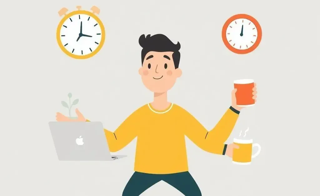 A person in a cartoon style juggling multiple side hustle items.