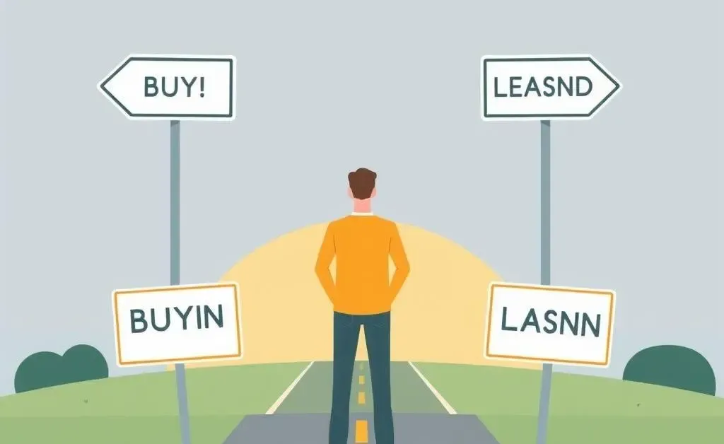 Person pondering between buying and leasing land at a crossroad