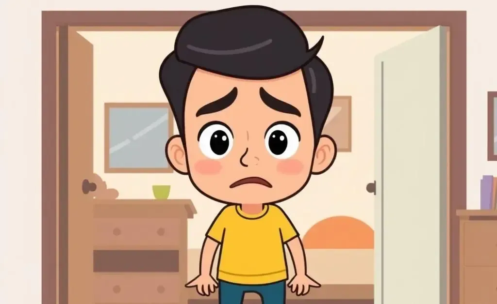 Illustration of a concerned person at home with an open door in the background