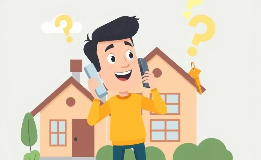 A person juggling phone calls and holding a house key with a house in the background.