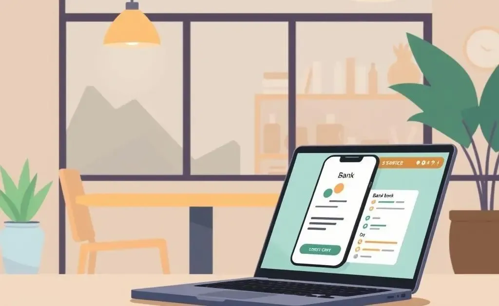 Laptop on a table in a coffee shop showing a banking app