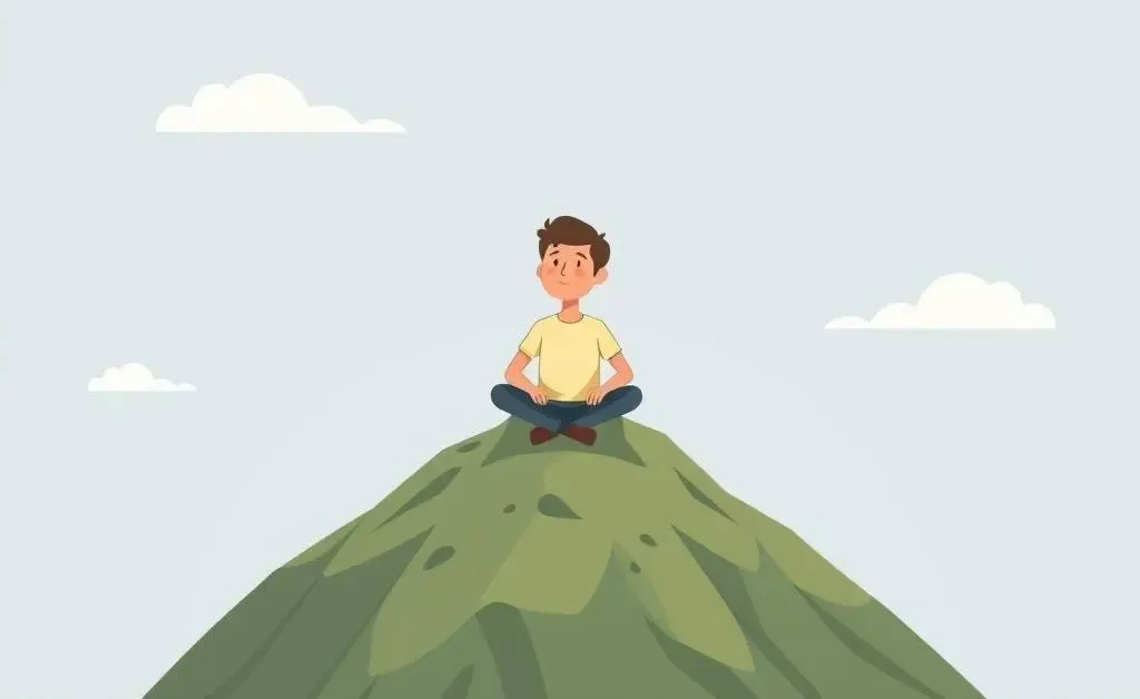Person sitting on a mountaintop feeling accomplished and relaxed.