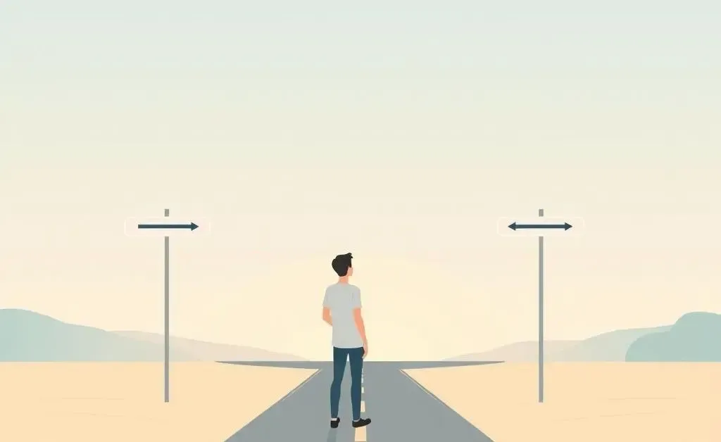 Person at a crossroads choosing between two paths at sunset