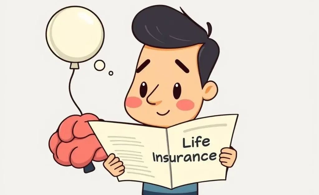 Illustration of a person reading a life insurance policy with a brain-shaped balloon