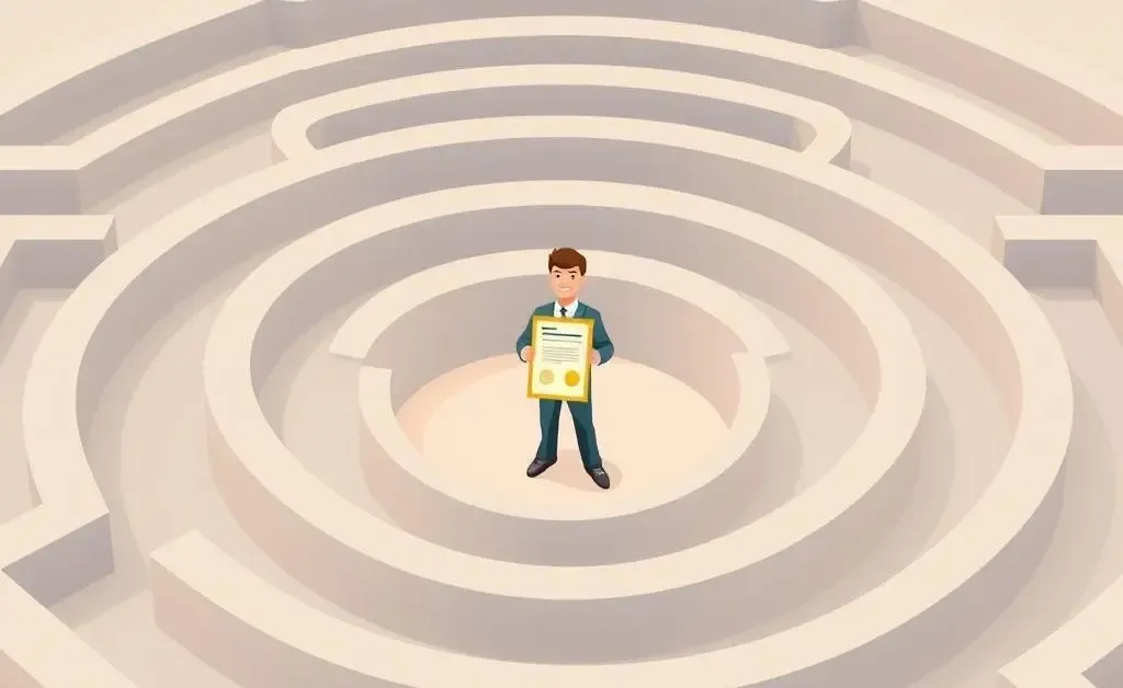 Cartoon-style illustration of a maze with a person holding a certificate.