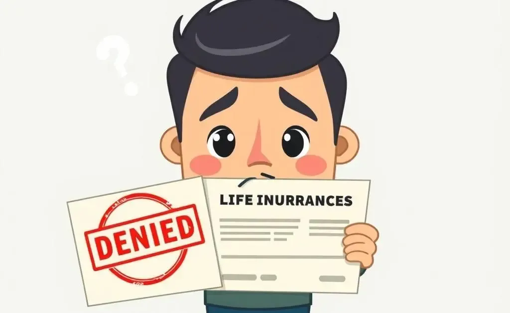 Puzzled character holding a life insurance policy with a denied stamp