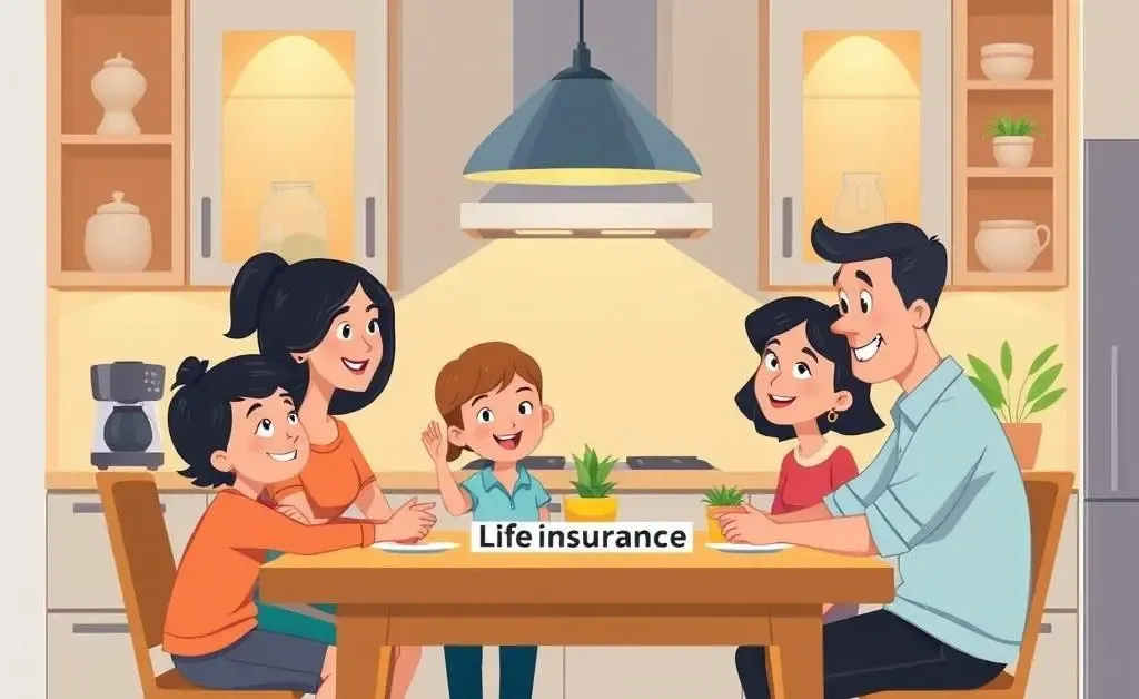 A cartoon family discussing life insurance at a kitchen table.