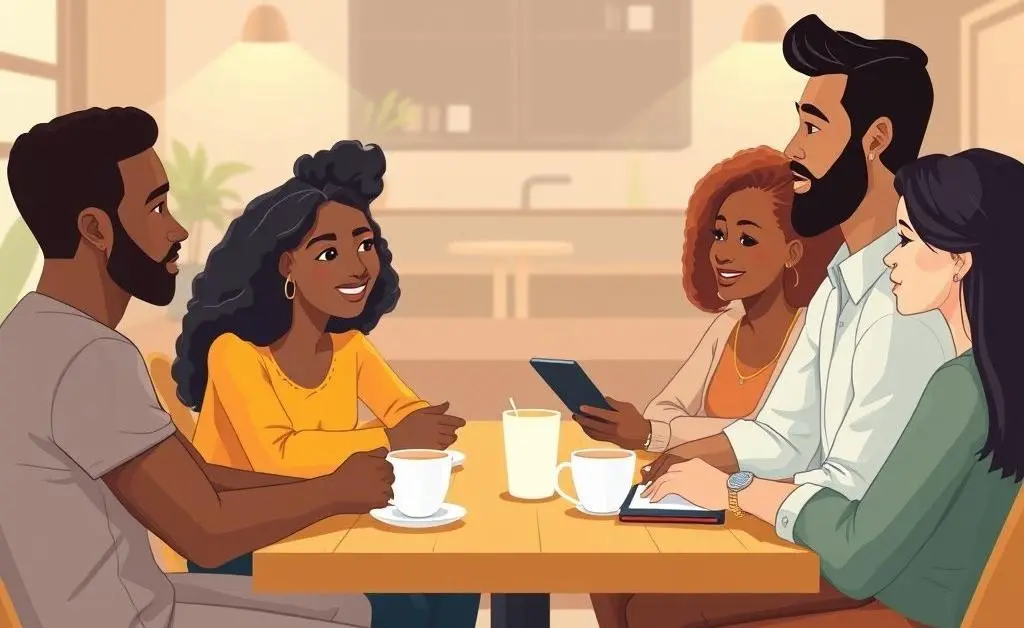 Diverse group of people chatting about life insurance at a coffee shop