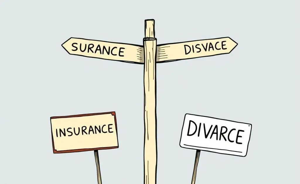 An illustration of a crossroads with life insurance and divorce signs